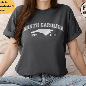 T-shirt graphique unisexe à col rond Comfort Colors North Carolina, sweat-shirt et sweat à capuche, chemise de style vintage, t-shirt State Pride, haut au design rétro