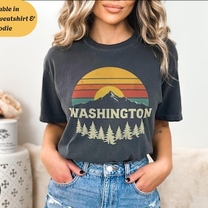 Retro Style Washington State Unisex Crewneck Shirt Sweatshirt Hoodie, Mountains Pine Trees Graphic, Outdoorsy Gift for Hikers & Nature Lover