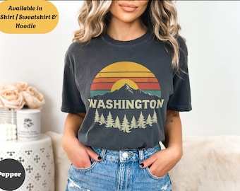 Retro Style Washington State Unisex Crewneck Shirt Sweatshirt Hoodie, Mountains Pine Trees Graphic, Outdoorsy Gift for Hikers & Nature Lover
