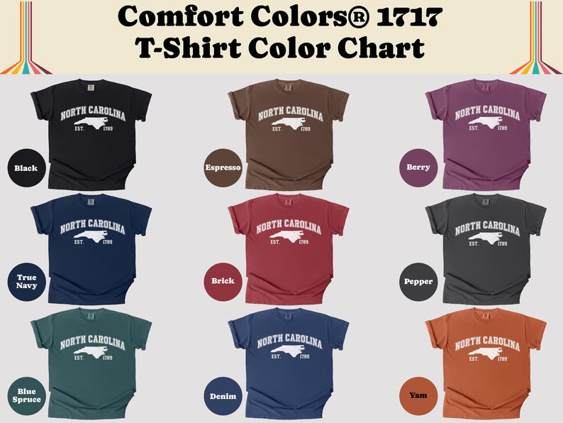 May include: A color chart of Comfort Colors 1717 t-shirts. The chart displays various t-shirt colors, including black, espresso, berry, true navy, brick, pepper, blue spruce, denim, and yam. Each shirt features a white graphic of the North Carolina outline.