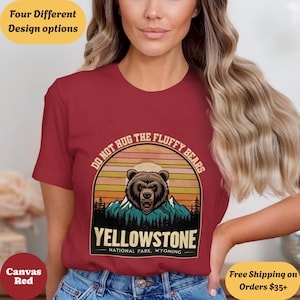 Grappig shirt Yellowstone Bear, Don&#39;t Hug the Fluffy Bears T-shirt met ronde hals, National Park T-shirt, grafische Wyoming Wildlife, retro wandelcadeau