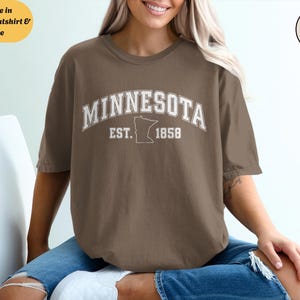 T-shirt ras du cou unisexe Minnesota Comfort Colors, sweat à capuche, carte de l'État en t-shirt vintage, cadeau rétro des bois du Nord, chemise graphique Snowy State