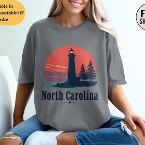 Comfort Colors North Carolina Shirt Sweatshirt Hoodie, Lighthouse Coastal Sunset Ocean Tee, Outer Banks Top, Vintage Beach Travel Souvenir