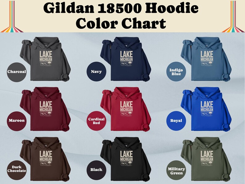 Lake Michigan Hoodie, Cozy Outdoor Wear, Colorful Hoodies in Navy Charcoal Maroon, Adventure Style, Men's and Women's Apparel