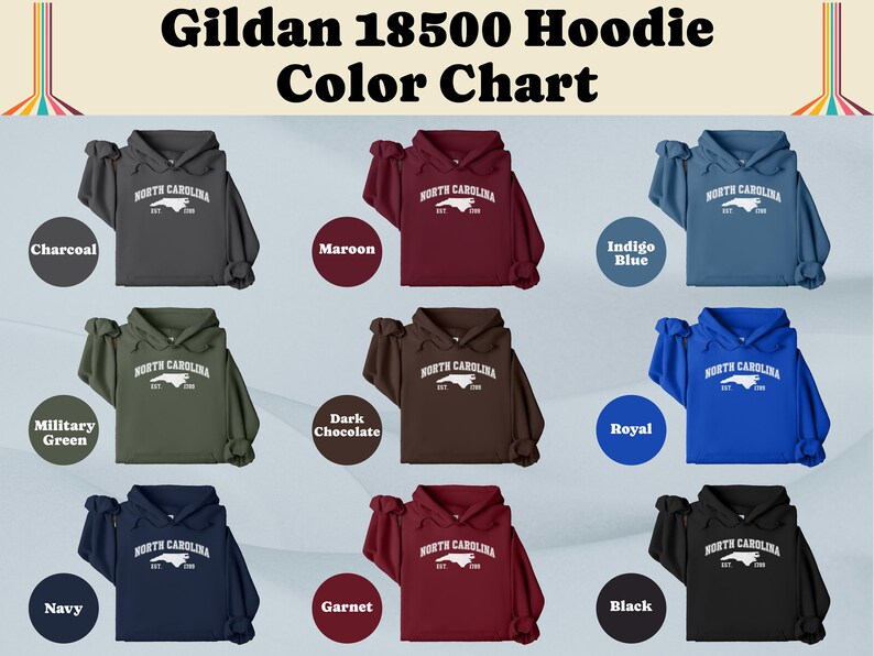 May include: A color chart displaying Gildan 18500 hoodies in various colors, including charcoal, maroon, indigo blue, military green, dark chocolate, royal, navy, garnet, and black. Each hoodie features a white graphic with "NORTH CAROLINA" and the state outline.