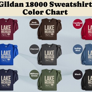 Lake Michigan Sweatshirt, Graphic Pullover, Gildan 18000, Color Chart, Michigan Apparel, Cozy Comfort, Unisex Sizing