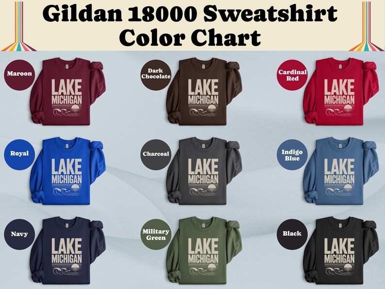 Lake Michigan Sweatshirt, Graphic Pullover, Gildan 18000, Color Chart, Michigan Apparel, Cozy Comfort, Unisex Sizing