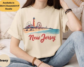 Koszula plażowa Comfort Colors New Jersey, bluza z okrągłym dekoltem Boardwalk Amusement Pier, bluza z kapturem Ocean Shore