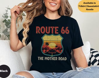 Maglietta girocollo retrò Route 66, maglietta per amanti dei viaggi in auto, felpa con cappuccio vintage con auto d'epoca