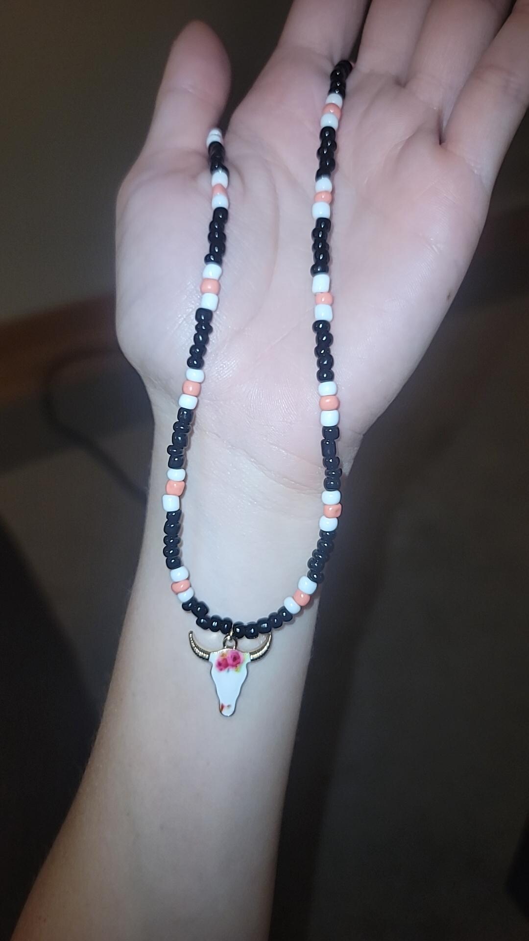 Handcrafted Beaded Necklace With Bull Skull Pendant - Boho  Multicolor Beaded Necklace with Bull Pendant main image 0