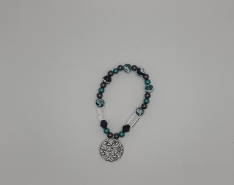Handmade Tree of Life Charm Bracelet with Green and Black Beads