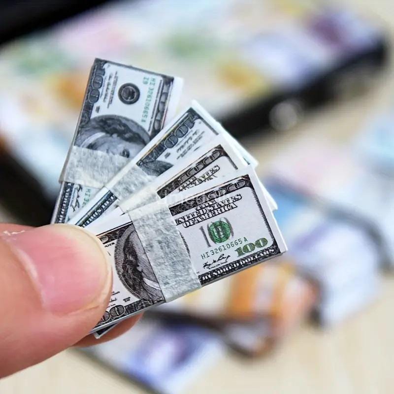 Dollhouse Miniature 100 Dollar Bills 1/6 scale 1/2x1" 20 Pc. Bundles Play Money
