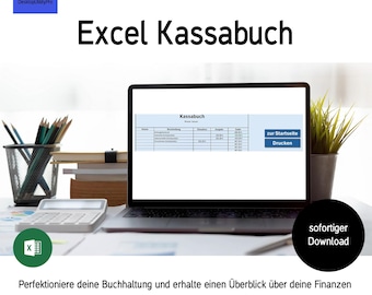 May include: A laptop computer displaying a spreadsheet titled "Kassabuch" with columns for date, description, debit, credit, and balance. The spreadsheet is for tracking finances and is ideal for clubs, small businesses, and individuals. The text "zur Startseite" and "Drucken" are visible on the screen. The text "sofortiger Download" is visible below the laptop.