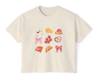 Food & Wine Shirt, Pastries Bows Wine Cropped Tee, Comfort Colors Boxy Tee