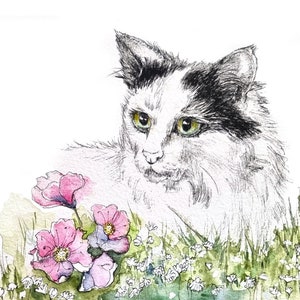 Downloadable White cat card Cat lover card Pet portrait card All occasions blank greeting card Cat with flower pods Ink and watercolour card