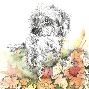 Downloadable Cute dog card Dog lover card Pet portrait card All occasions blank greeting card Dog in Autumn leaves Ink and watercolour card