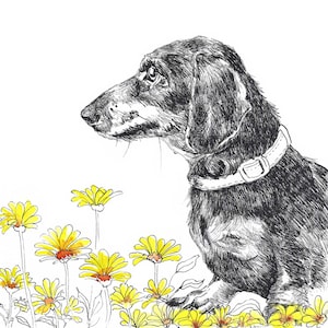 Downloadbare mini teckelkaart Hondenliefhebberkaart Dierenportretkaart Blanco wenskaart voor alle gelegenheden Hond in bloemen Inkt- en aquarelkaart