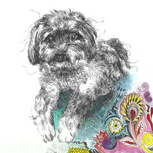 Carte ShihTzu maltaise téléchargeable Carte pour amoureux des chiens Carte portrait d'animal de compagnie Carte de voeux vierge pour toutes les occasions Chien en fleurs Carte à l'encre et à l'aquarelle