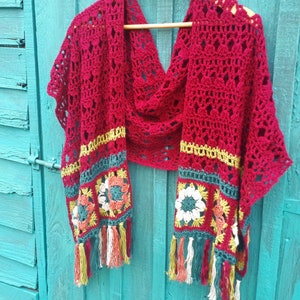 Crochet Shawl Wrap PDF May Bloom Granny Square Boho Linen DK