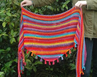 Crochet shawl scarf pattern boho fringe rainbow