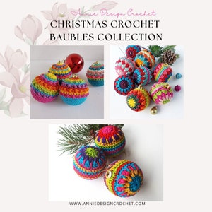 May include: A collection of colorful crocheted Christmas ornaments. The ornaments are made with a variety of bright colors, including red, orange, yellow, green, blue, and purple. The ornaments are all different shapes and sizes, and they are all decorated with intricate crochet patterns.