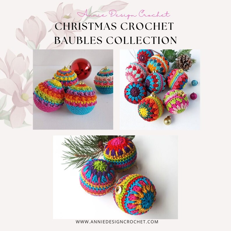May include: A collection of colorful crocheted Christmas ornaments. The ornaments are made with a variety of bright colors, including red, orange, yellow, green, blue, and purple. The ornaments are all different shapes and sizes, and they are all decorated with intricate crochet patterns.
