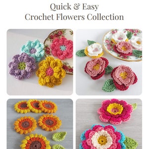 May include: A collection of crocheted flowers in various colors, including pink, yellow, blue, and green. The flowers are arranged in groups of two or three, with some featuring leaves. The flowers are all small and delicate, and they would be perfect for adding a touch of handmade charm to any project.