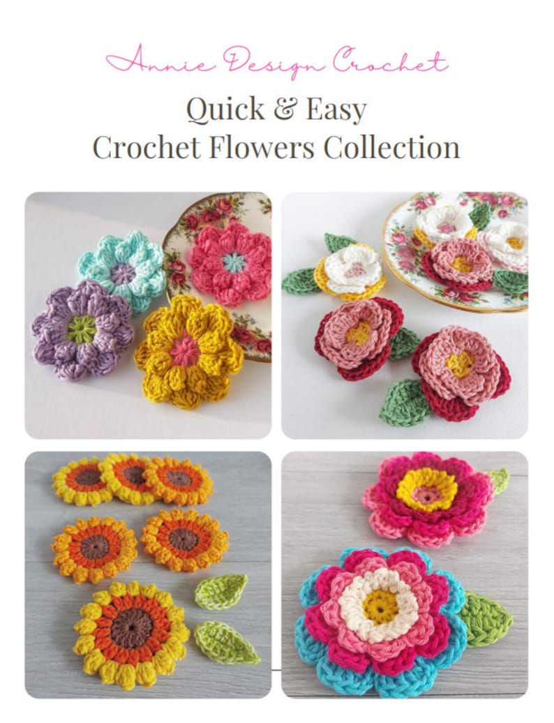 May include: A collection of crocheted flowers in various colors, including pink, yellow, blue, and green. The flowers are arranged in groups of two or three, with some featuring leaves. The flowers are all small and delicate, and they would be perfect for adding a touch of handmade charm to any project.