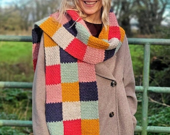 Easy Patchwork Crochet Scarf, Scrap Yarn PDF Pattern