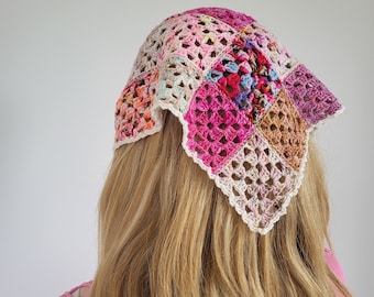 Crochet Bandana Head Scarf Patchwork Granny Square PDF