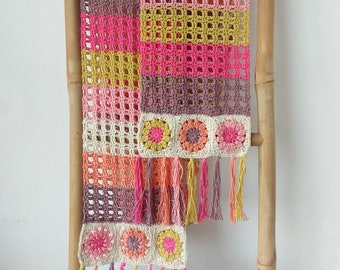 Crochet Cotton Lightweight Scarf with Granny Flower Squares pattern PDF