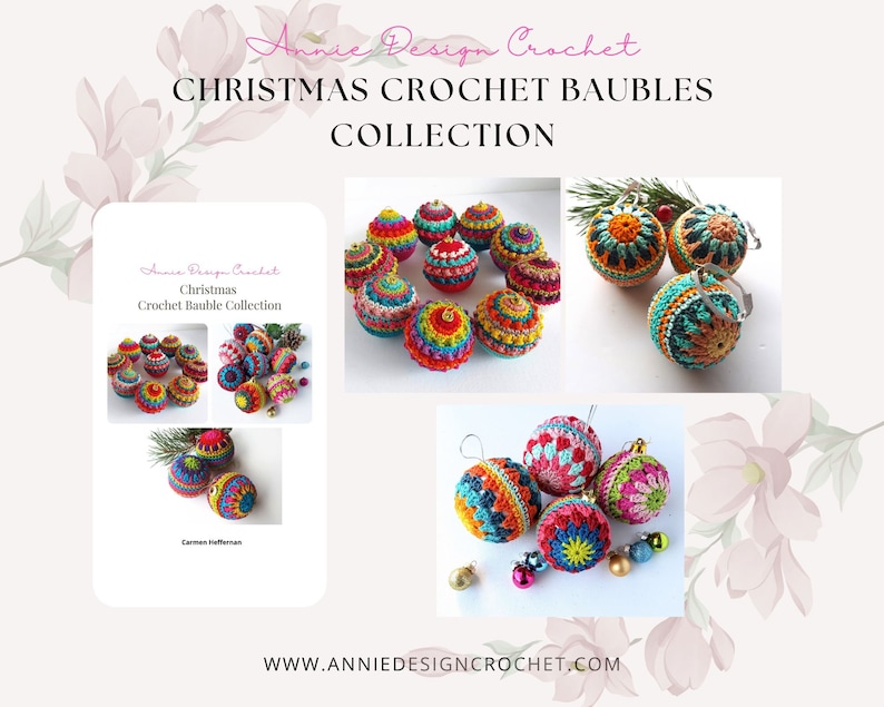 May include: A collection of colorful crocheted Christmas ornaments. The ornaments are round and have a variety of patterns. The image also includes a printed pattern for the ornaments.