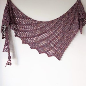 Puede incluir: Un chal de ganchillo en tonos de morado, marr&oacute;n y dorado con un borde festoneado.