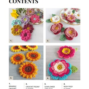 May include: A crochet pattern booklet with a contents page featuring four different crochet flower designs: bramble crochet flowers, crochet peony flowers, sunflower applique, and rosy posy flower. The booklet includes page numbers for each design.