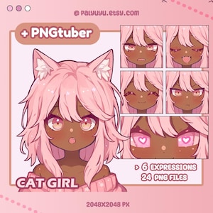 かわいい猫娘 PNGTuber | ちびかわいい | 黒い肌 | ピンクの髪 | すぐに使える | Vtuber モデル | Twitch ストリーミング アバター | 既成アセット | OBS