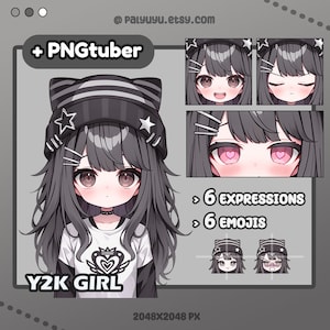 May include: Digital illustration of a Y2K girl with long grey hair, wearing a black and white striped beanie with star accents, a black choker, and a white t-shirt. The image includes six expressions and six emojis. The Etsy shop is palyuyu.etsy.com.