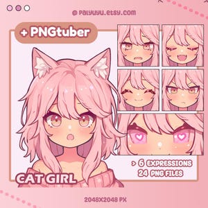 Cute Cat Girl PNGTuber | Chibi Kawaii | Pink Hair | Ready To Use | Vtuber Model | Twitch Streaming Avatar | Premade Assets | OBS
