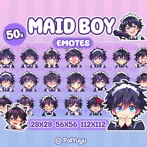 50pcs Cute Maid Boy Emotes  | Black Hair Emotes | Twitch Emotes  | Femboy Emotes | Twitch | Discord | Streaming | Chats | Chibi