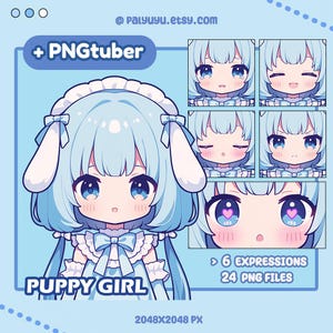 Cute Dog Girl PNGTuber | Chibi Kawaii | Blue Hair | Ready To Use | Lolita Vtuber | Streaming Avatar | Puppy Vtuber