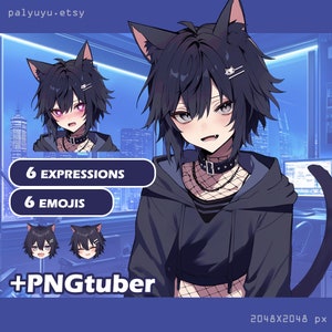 Cute Cat Boy PNGTuber | Bundle | Black Hair Male Vtuber | Emotes | Ready To Use | Twitch Streaming | Premade | Femboy Vtuber  | Neko