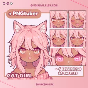かわいい猫娘 PNGTuber | ちびかわいい | 日焼け肌 | すぐに使用可能 | ダークスキン | Vtuber モデル | Twitch ストリーミングアバター | 既成アセット | OBS