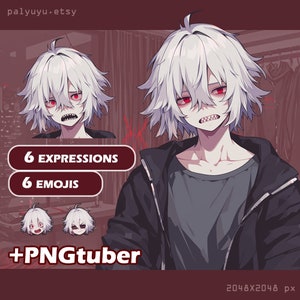 May include: Digital illustration of a white-haired anime character with red eyes and a black hoodie. The character has a menacing expression and sharp teeth. The image includes the text "6 EXPRESSIONS", "6 EMOJIS", and "+PNGTuber".