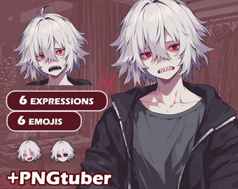 Puede incluir: Ilustración digital de un personaje de anime con cabello blanco, ojos rojos y una sudadera con capucha negra. El personaje tiene una expresión amenazante y dientes afilados. La imagen incluye el texto "6 EXPRESSIONS", "6 EMOJIS", y "+PNGTuber".