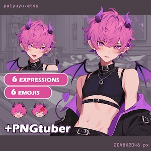 May include: Digital illustration of a pink-haired character with devil horns and wings wearing a black crop top and purple jacket. The character has a variety of expressions and emojis. The image includes the text "6 EXPRESSIONS", "6 EMOJIS", and "+PNGTuber".