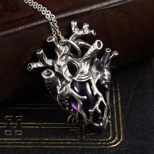 Calm Heart -- Amethyst Miniature Anatomical Heart Pendant