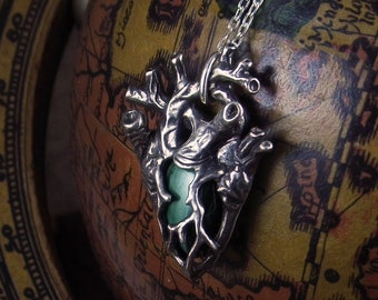 Traveling Heart -- Malachite Miniature Anatomical Heart Pendant