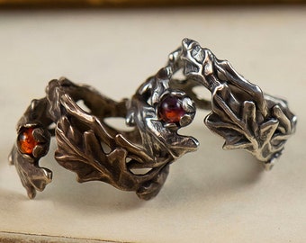 Druid's Grove -- Spiral Wrap Oak Ring in Bronze or Silver / Choice of 4 Stones