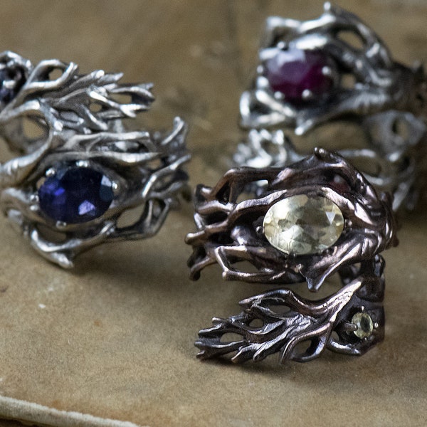 Mandragora Ring - Handmade In Bronze or Silver: Sapphire, Amethyst, Peridot, Topaz, Garnet, Ruby, Citrine