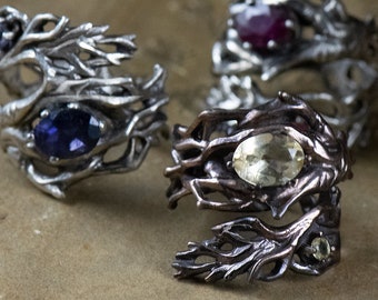 Mandragora Ring - Handmade In Bronze or Silver: Sapphire, Amethyst, Peridot, Topaz, Garnet, Ruby, Citrine