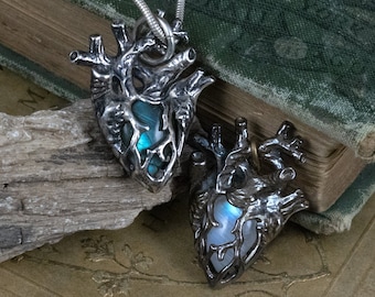 Heart of Stone - Labradorite  Moonstone or Chalcedony Miniature Anatomical Heart Pendant